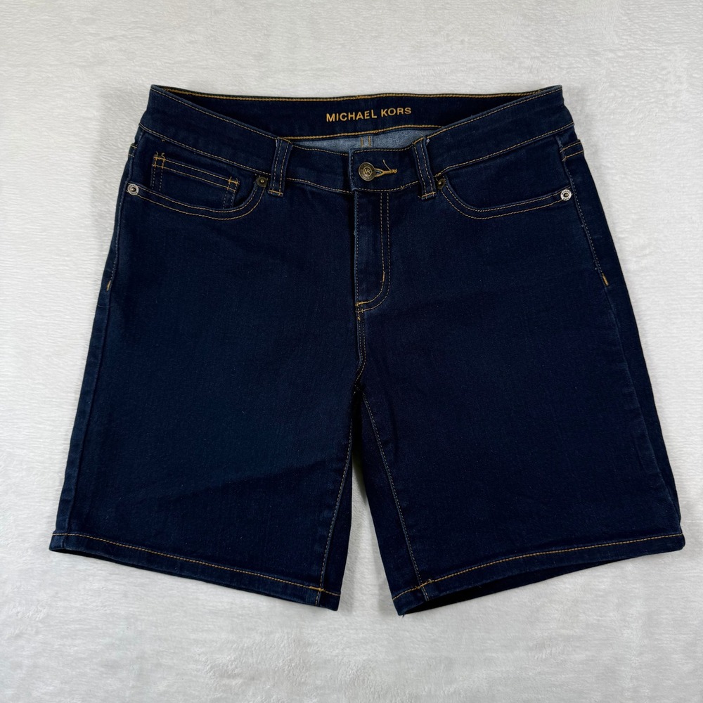 Michael Kors Size 2‎ Dark Wash Denim Bermuda Shorts Stretch Indigo Gold Logo